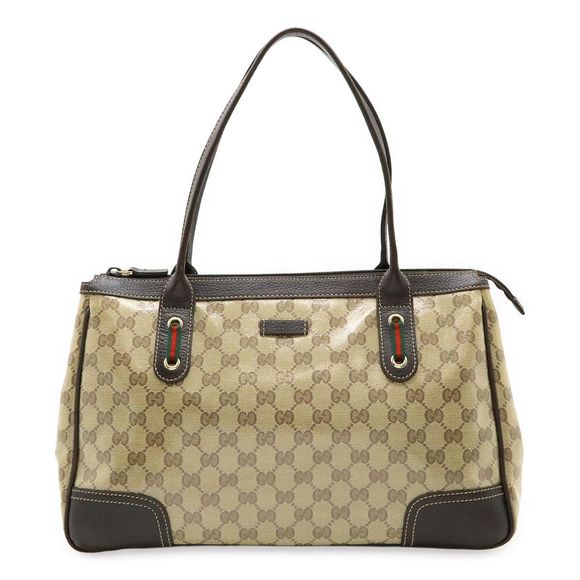Gucci GG Crystal Sherry Handbag Tote Bag Coated Canvas Khaki Beige Dark Brown - Picture 1 of 9